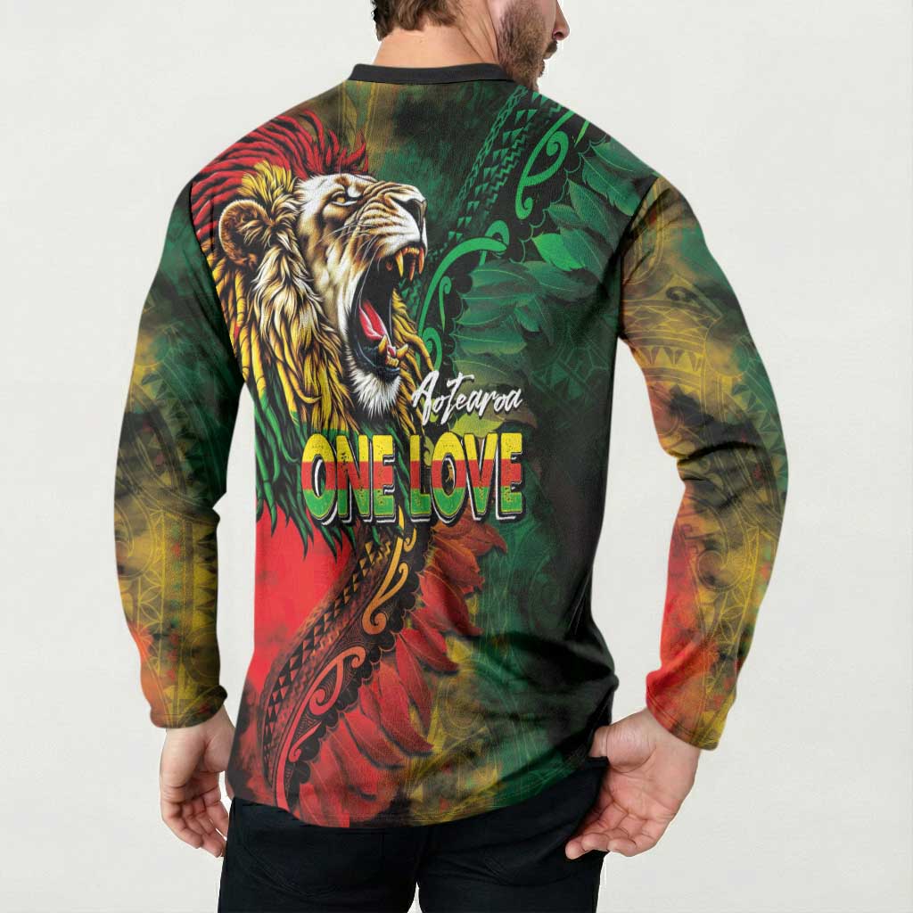 Aotearoa One Love Button Sweatshirt Reggae Lion with Kakahu Huruhuru LT03 - Polynesian Pride