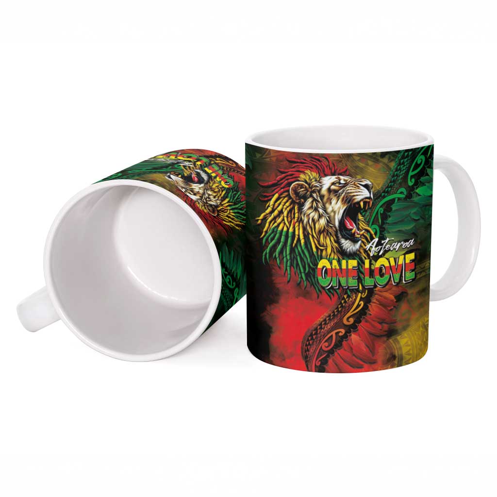 Aotearoa One Love Ceramic Mug Reggae Lion with Kakahu Huruhuru LT03 - Polynesian Pride