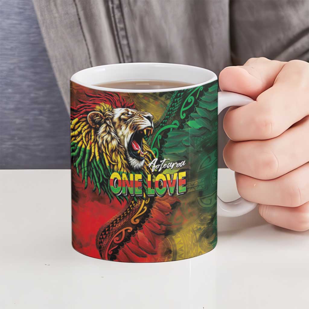 Aotearoa One Love Ceramic Mug Reggae Lion with Kakahu Huruhuru LT03 - Polynesian Pride