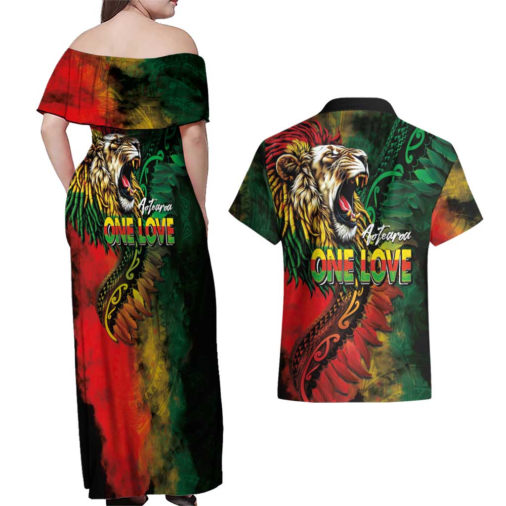 Aotearoa One Love Couples Matching Off Shoulder Maxi Dress and Hawaiian Shirt Reggae Lion with Kakahu Huruhuru