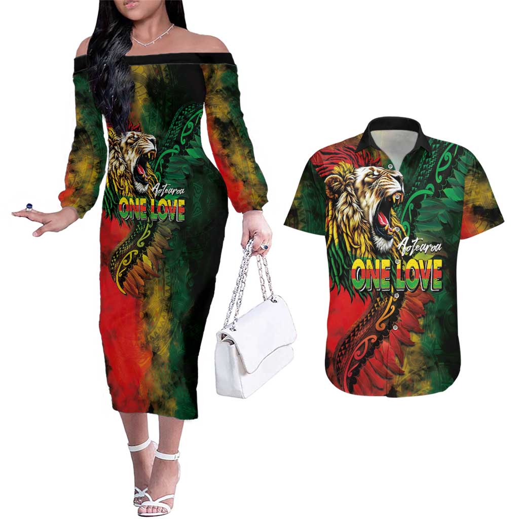 Aotearoa One Love Couples Matching Off The Shoulder Long Sleeve Dress and Hawaiian Shirt Reggae Lion with Kakahu Huruhuru LT03 Black - Polynesian Pride