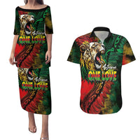 Aotearoa One Love Couples Matching Puletasi and Hawaiian Shirt Reggae Lion with Kakahu Huruhuru LT03 Black - Polynesian Pride