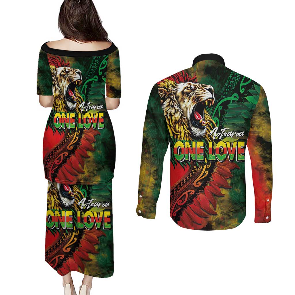 Aotearoa One Love Couples Matching Puletasi and Long Sleeve Button Shirt Reggae Lion with Kakahu Huruhuru LT03 - Polynesian Pride