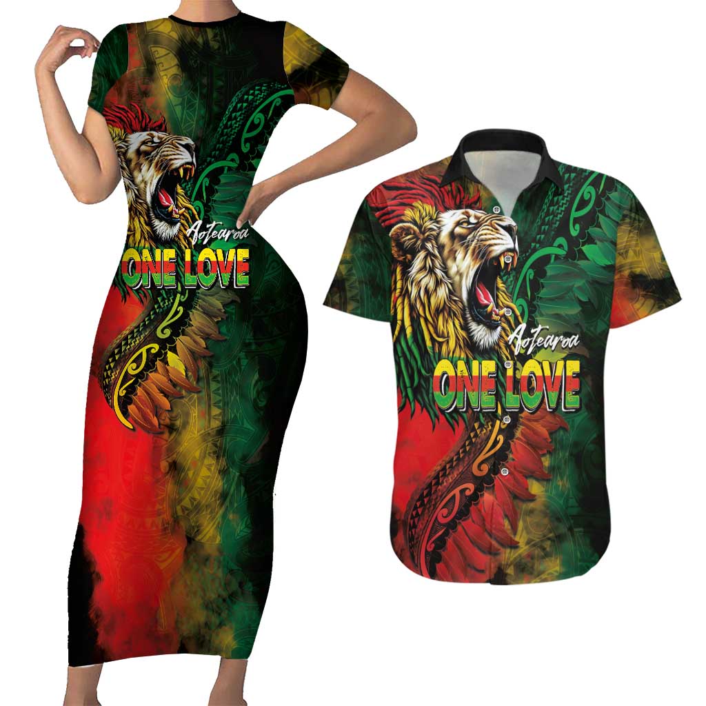Aotearoa One Love Couples Matching Short Sleeve Bodycon Dress and Hawaiian Shirt Reggae Lion with Kakahu Huruhuru