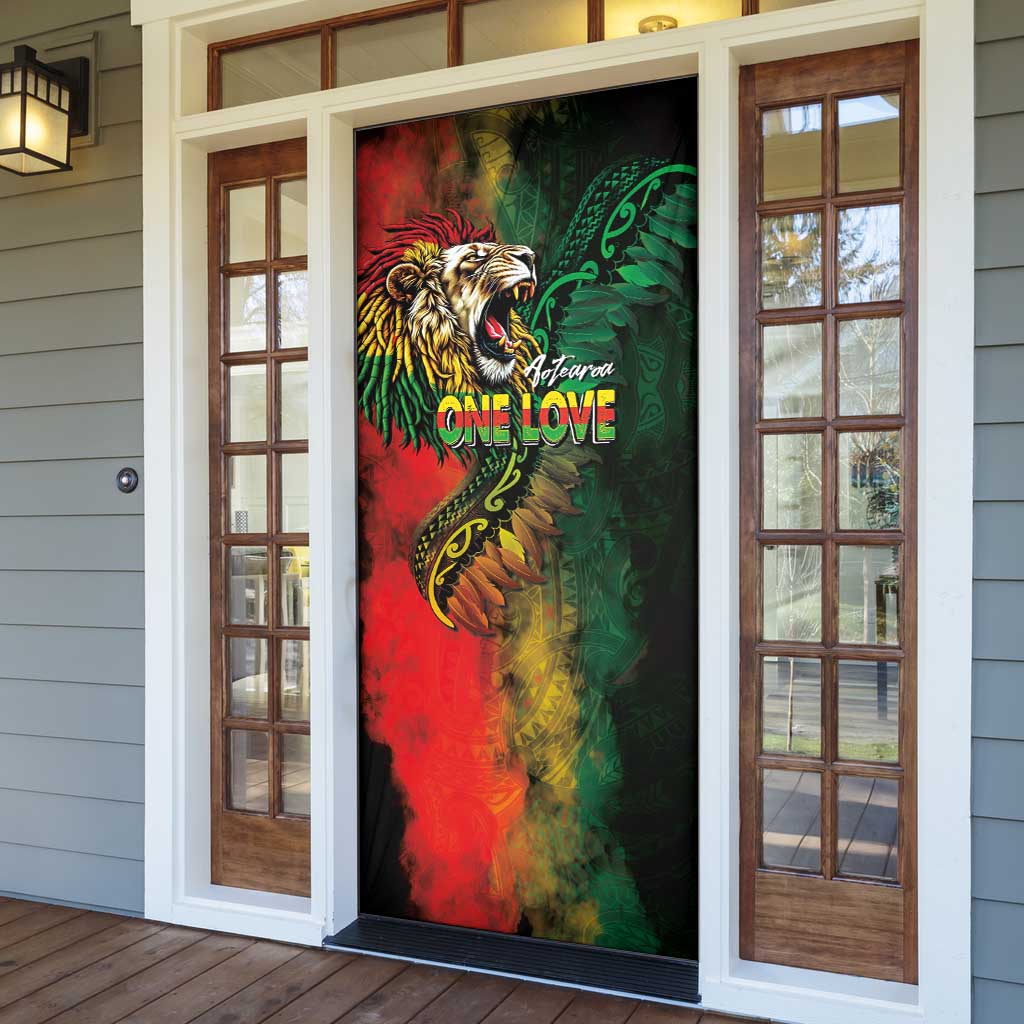 Aotearoa One Love Door Cover Reggae Lion with Kakahu Huruhuru