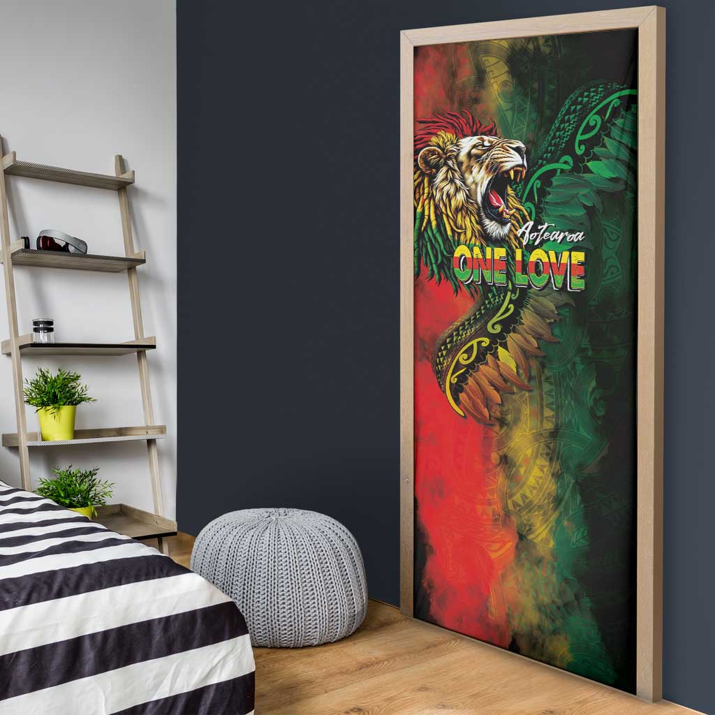 Aotearoa One Love Door Cover Reggae Lion with Kakahu Huruhuru