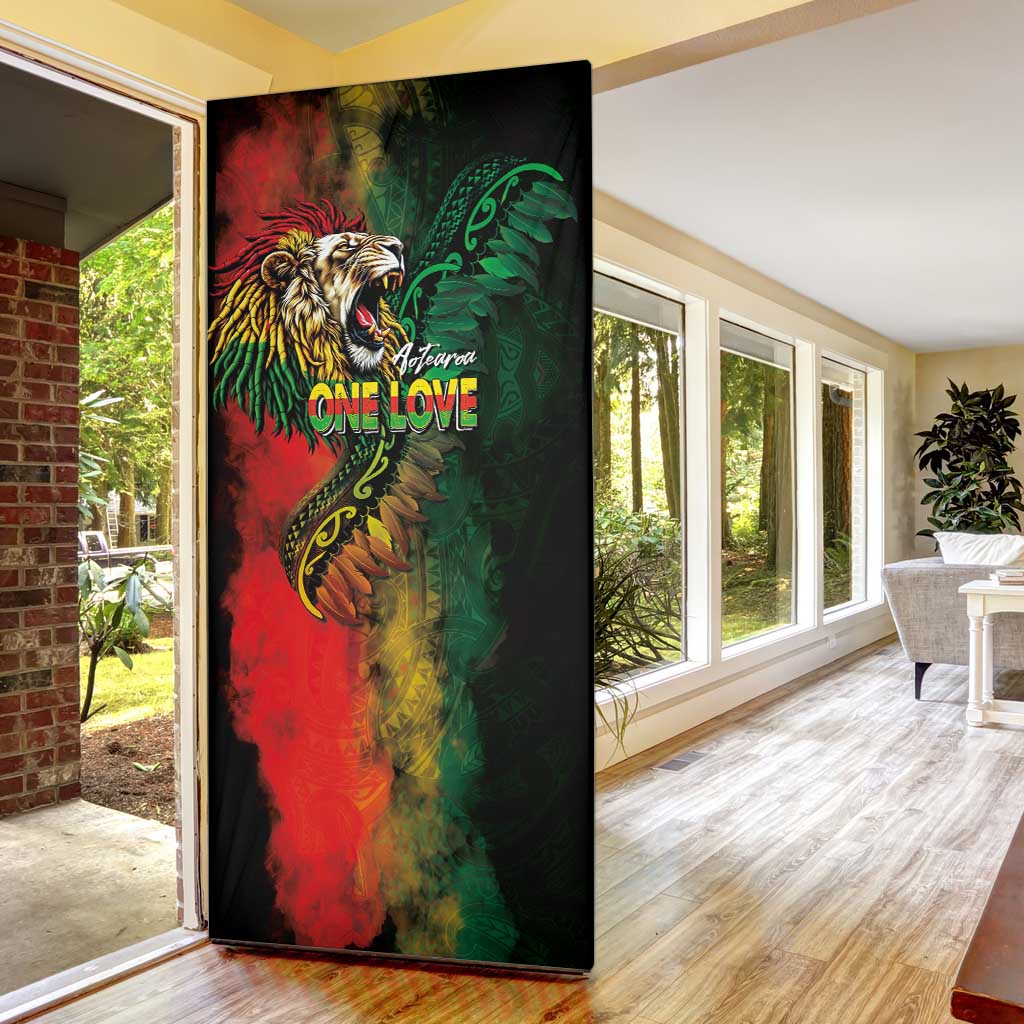 Aotearoa One Love Door Cover Reggae Lion with Kakahu Huruhuru