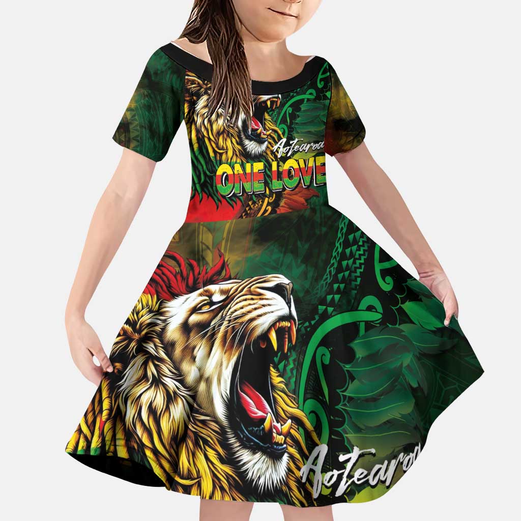 Aotearoa One Love Family Matching Long Sleeve Bodycon Dress and Hawaiian Shirt Reggae Lion with Kakahu Huruhuru