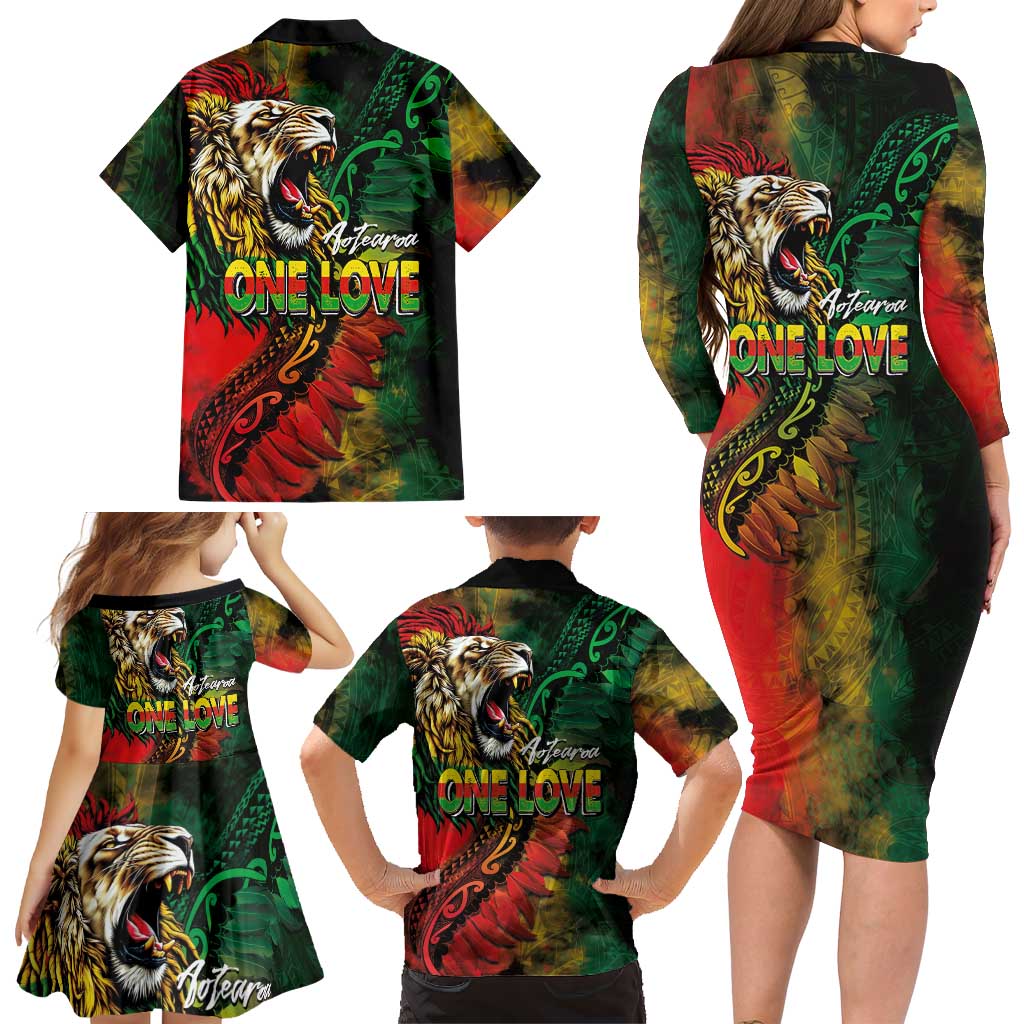 Aotearoa One Love Family Matching Long Sleeve Bodycon Dress and Hawaiian Shirt Reggae Lion with Kakahu Huruhuru