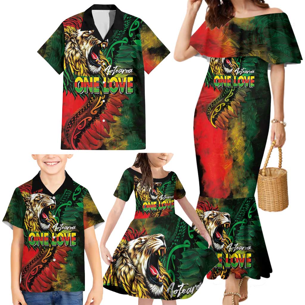 Aotearoa One Love Family Matching Mermaid Dress and Hawaiian Shirt Reggae Lion with Kakahu Huruhuru