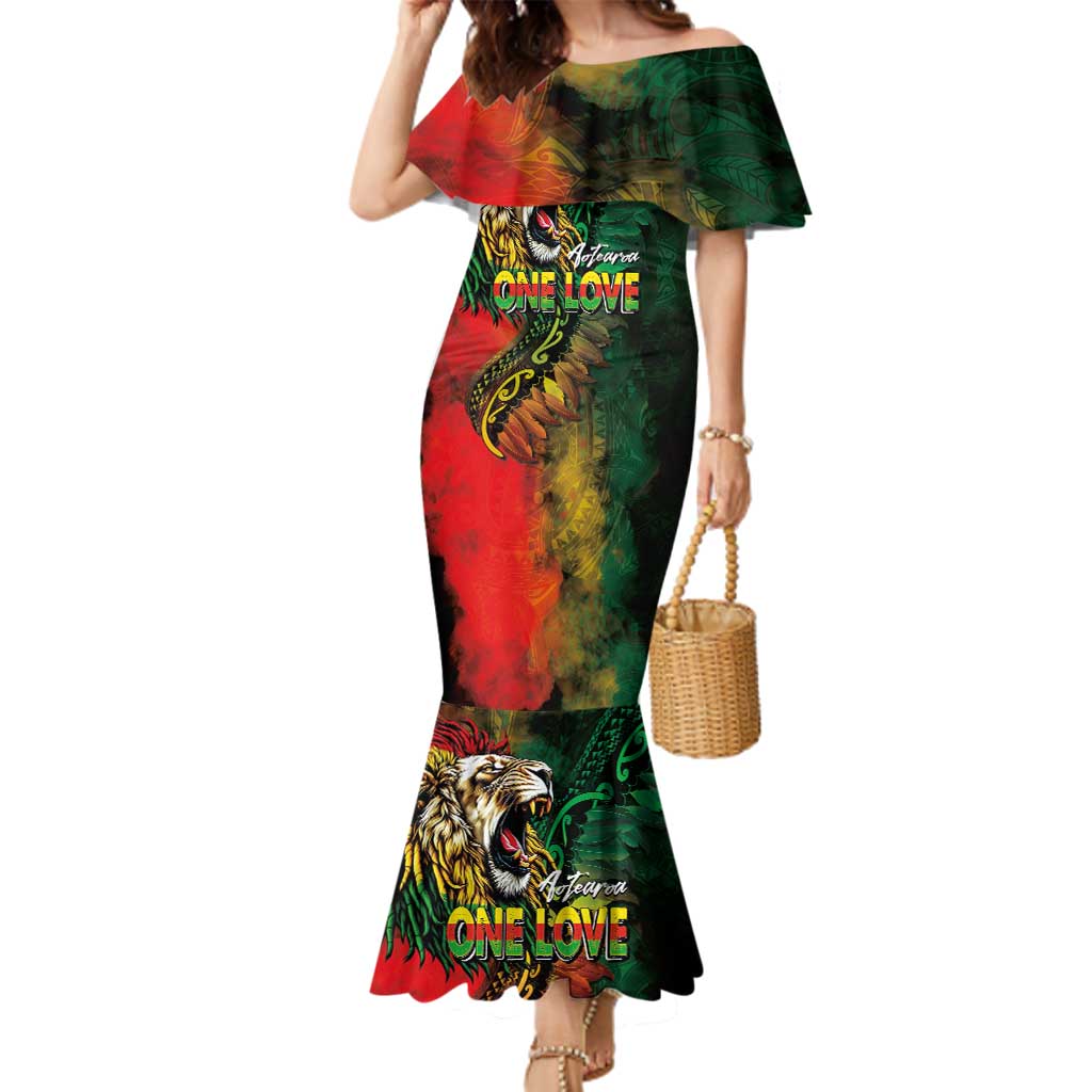 Aotearoa One Love Family Matching Mermaid Dress and Hawaiian Shirt Reggae Lion with Kakahu Huruhuru