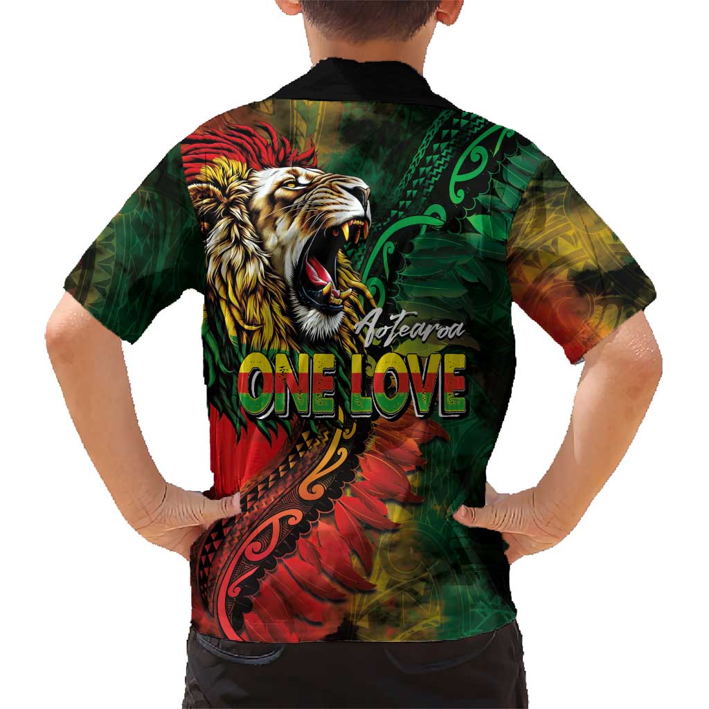 Aotearoa One Love Family Matching Off Shoulder Maxi Dress and Hawaiian Shirt Reggae Lion with Kakahu Huruhuru