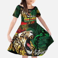 Aotearoa One Love Family Matching Off Shoulder Maxi Dress and Hawaiian Shirt Reggae Lion with Kakahu Huruhuru