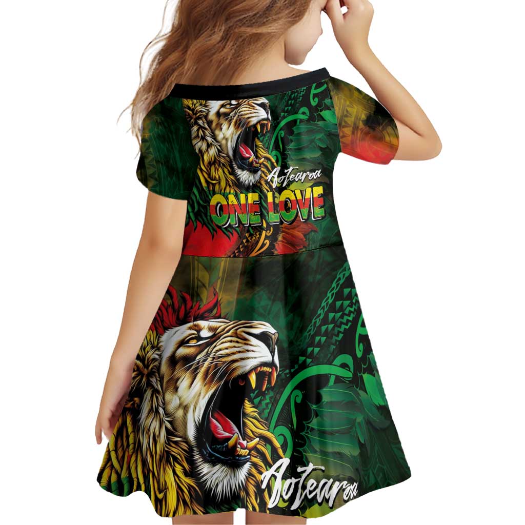 Aotearoa One Love Family Matching Off Shoulder Short Dress and Hawaiian Shirt Reggae Lion with Kakahu Huruhuru
