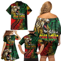 Aotearoa One Love Family Matching Off Shoulder Short Dress and Hawaiian Shirt Reggae Lion with Kakahu Huruhuru
