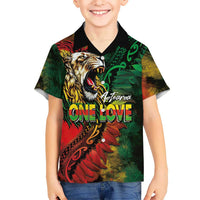 Aotearoa One Love Family Matching Off Shoulder Short Dress and Hawaiian Shirt Reggae Lion with Kakahu Huruhuru