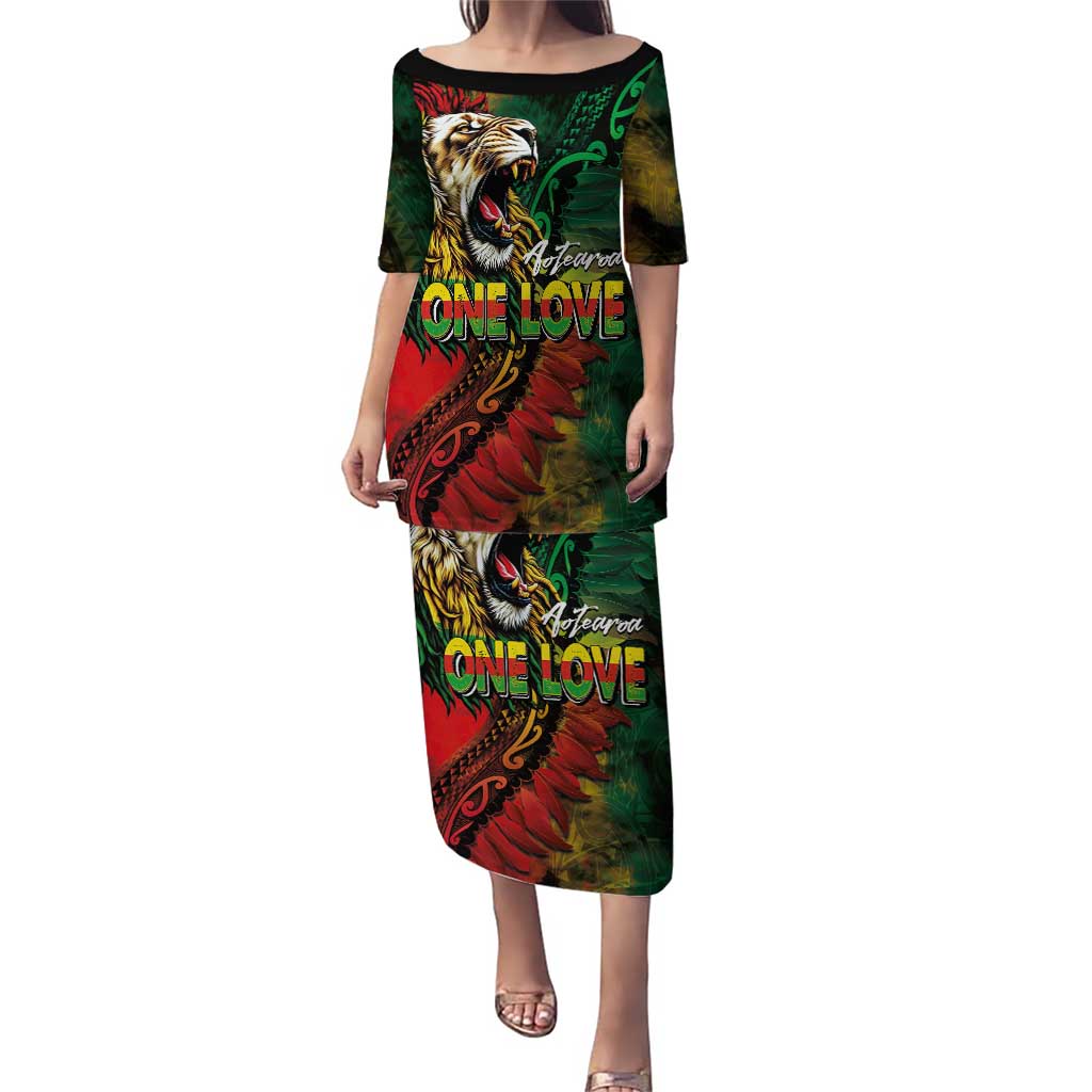 Aotearoa One Love Family Matching Puletasi and Hawaiian Shirt Reggae Lion with Kakahu Huruhuru