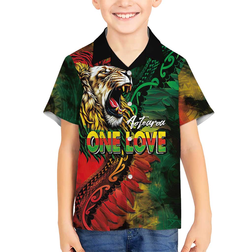 Aotearoa One Love Family Matching Tank Maxi Dress and Hawaiian Shirt Reggae Lion with Kakahu Huruhuru