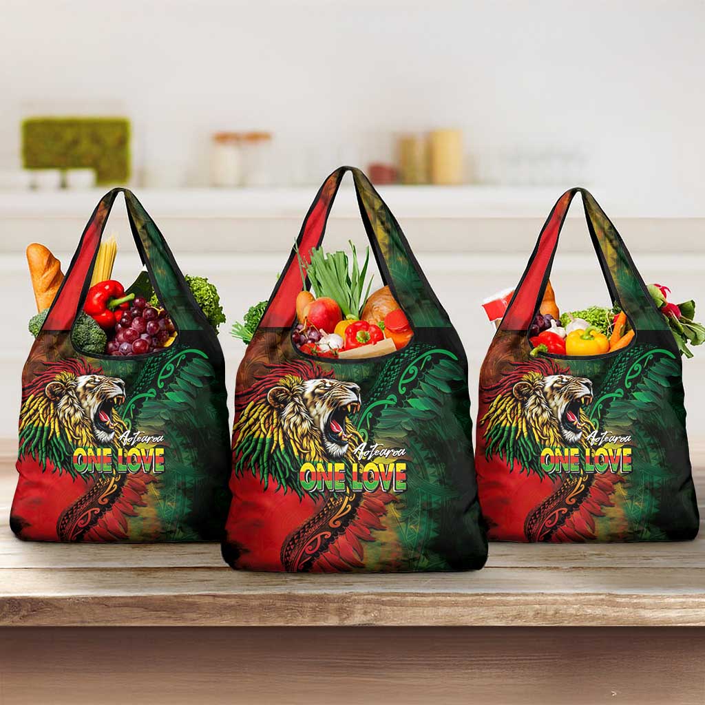 Aotearoa One Love Grocery Bag Reggae Lion with Kakahu Huruhuru LT03 3-pack One Size Black - Polynesian Pride
