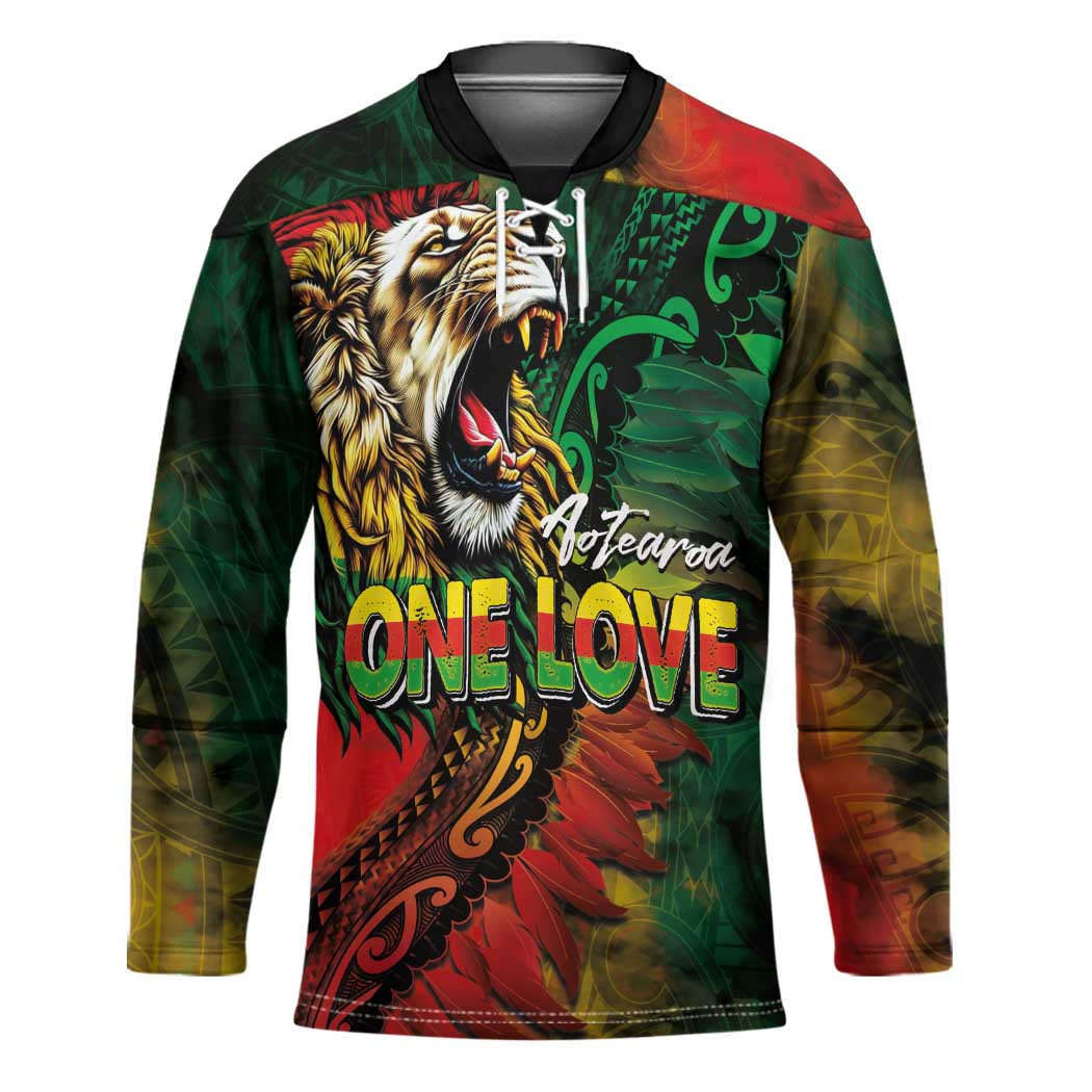 Aotearoa One Love Hockey Jersey Reggae Lion with Kakahu Huruhuru LT03 Unisex Black - Polynesian Pride
