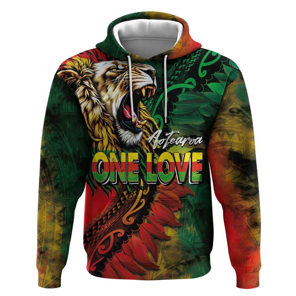 Aotearoa One Love Hoodie Reggae Lion with Kakahu Huruhuru LT03 Pullover Hoodie Black - Polynesian Pride