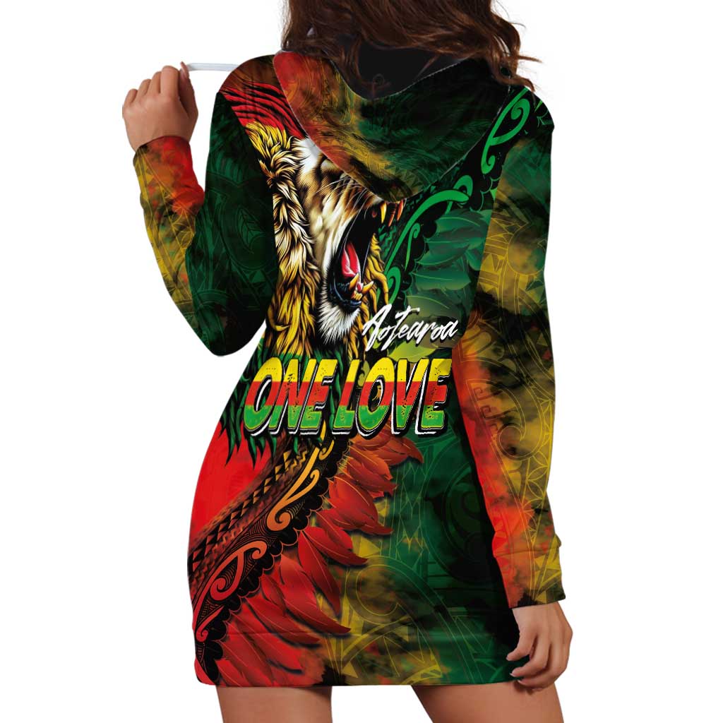 Aotearoa One Love Hoodie Dress Reggae Lion with Kakahu Huruhuru LT03 - Polynesian Pride