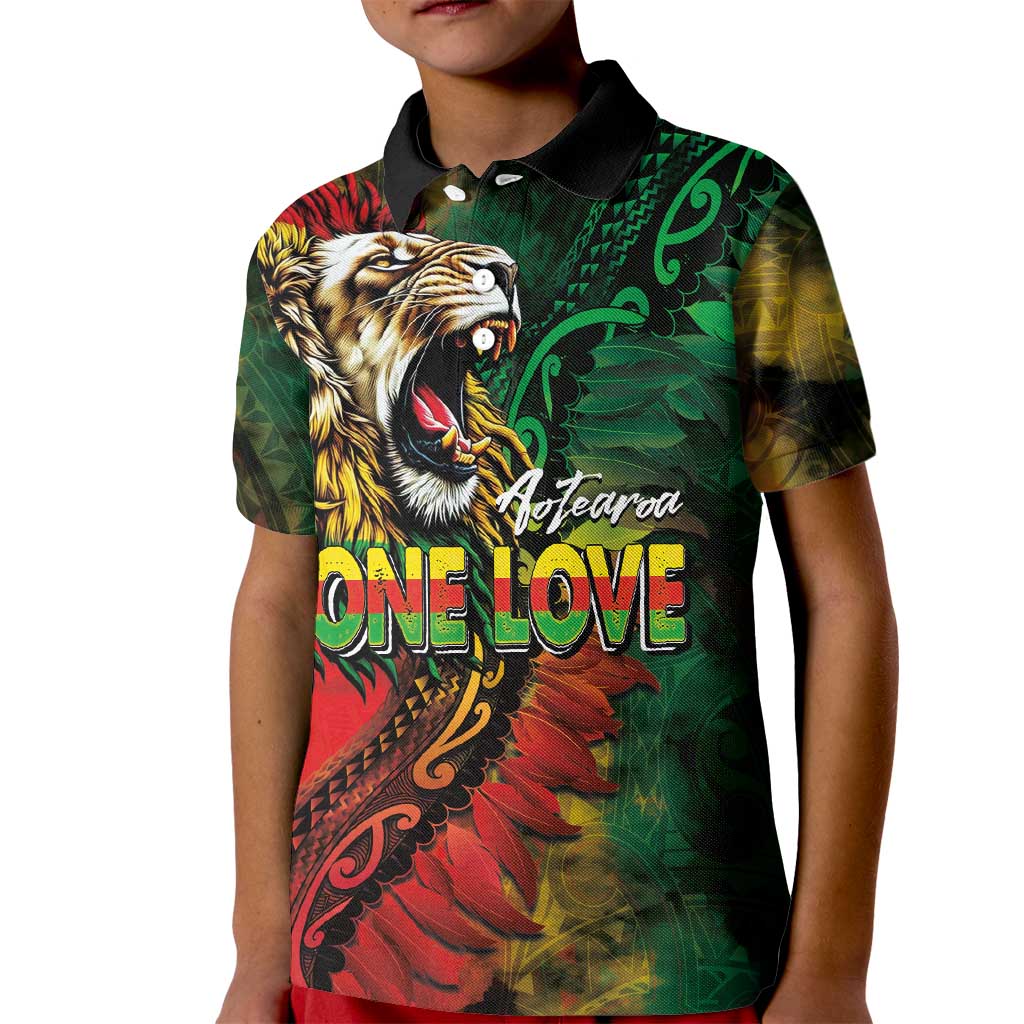 Aotearoa One Love Kid Polo Shirt Reggae Lion with Kakahu Huruhuru LT03 Kid Black - Polynesian Pride