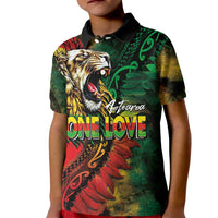 Aotearoa One Love Kid Polo Shirt Reggae Lion with Kakahu Huruhuru LT03 Kid Black - Polynesian Pride