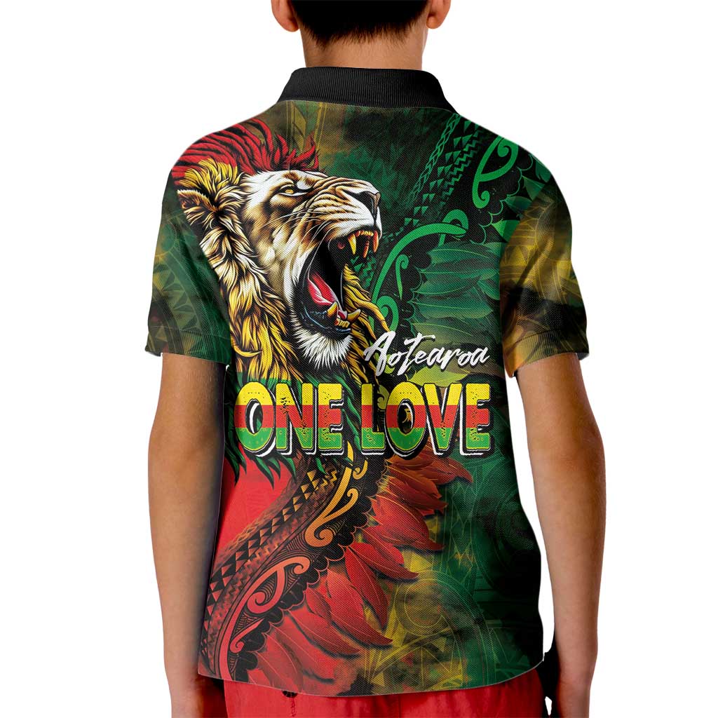 Aotearoa One Love Kid Polo Shirt Reggae Lion with Kakahu Huruhuru LT03 - Polynesian Pride