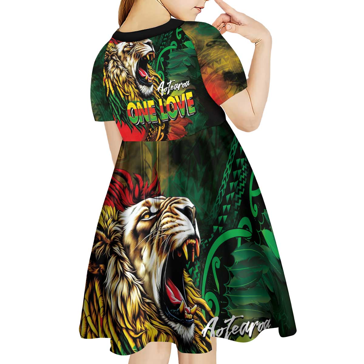 Aotearoa One Love Kid Short Sleeve Dress Reggae Lion with Kakahu Huruhuru LT03 - Polynesian Pride