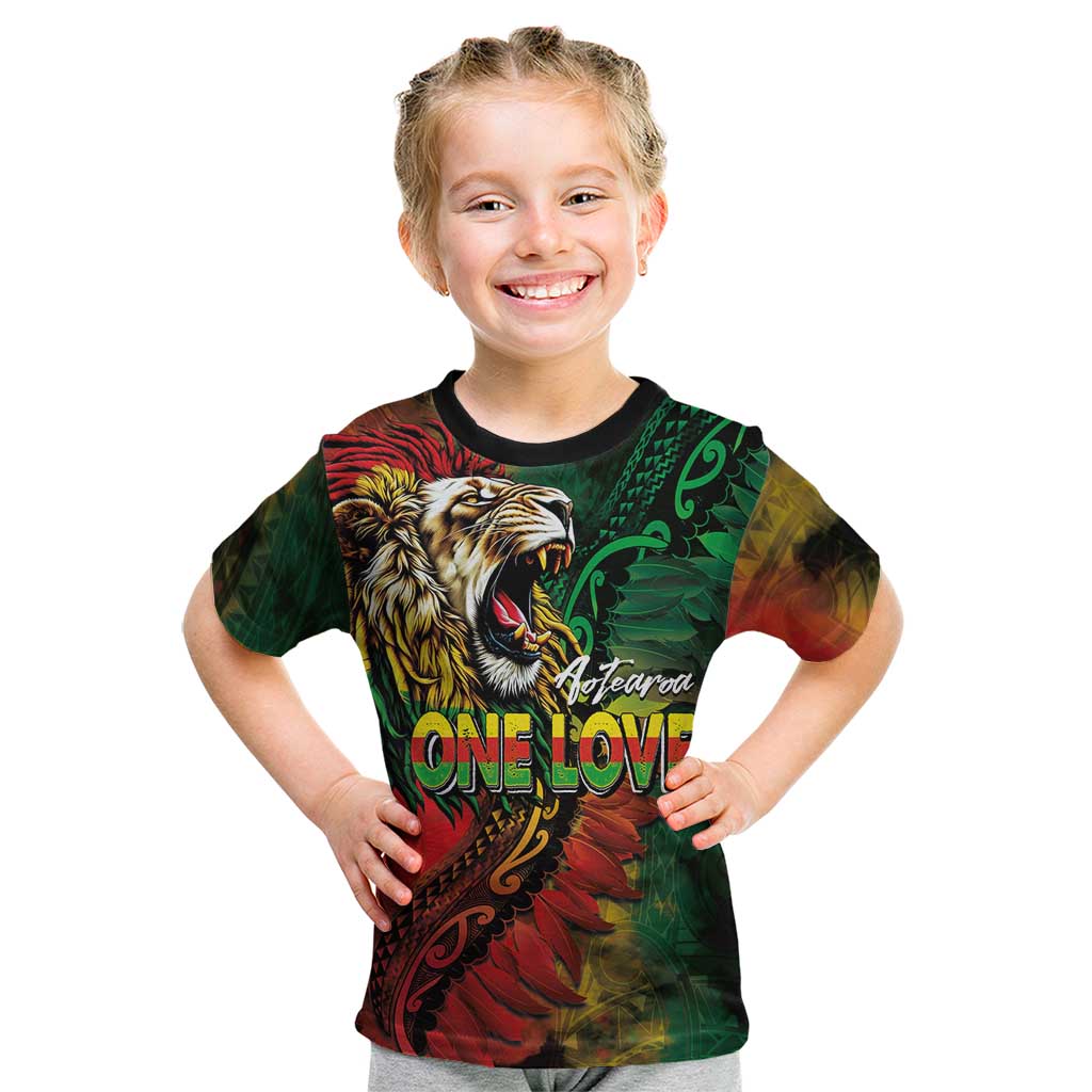 Aotearoa One Love Kid T Shirt Reggae Lion with Kakahu Huruhuru
