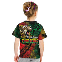 Aotearoa One Love Kid T Shirt Reggae Lion with Kakahu Huruhuru