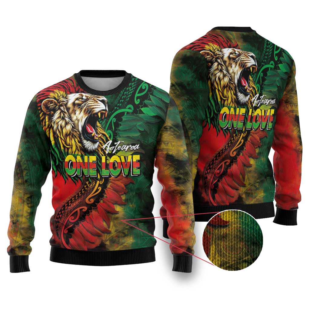Aotearoa One Love Ugly Christmas Sweater Reggae Lion with Kakahu Huruhuru LT03 Black - Polynesian Pride