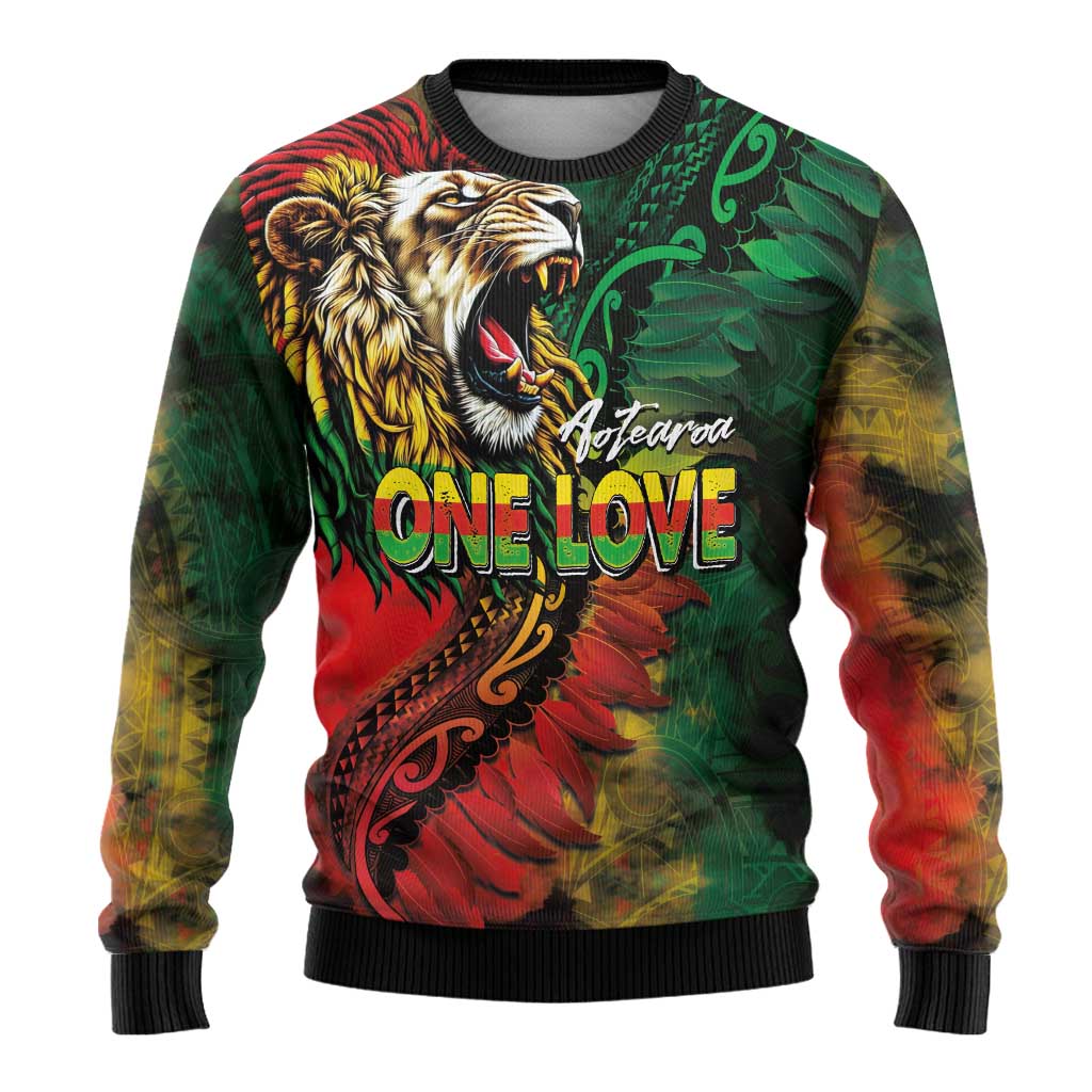 Aotearoa One Love Ugly Christmas Sweater Reggae Lion with Kakahu Huruhuru LT03 - Polynesian Pride