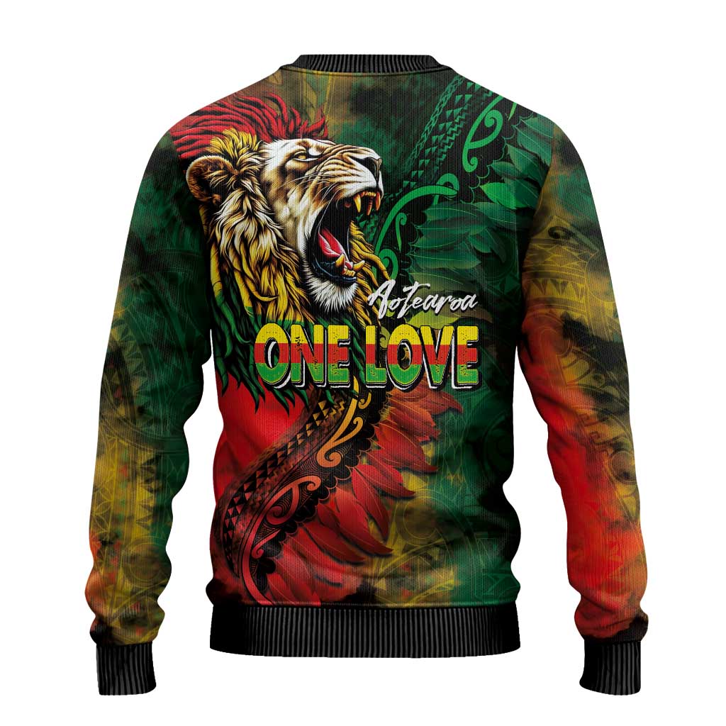 Aotearoa One Love Ugly Christmas Sweater Reggae Lion with Kakahu Huruhuru LT03 - Polynesian Pride