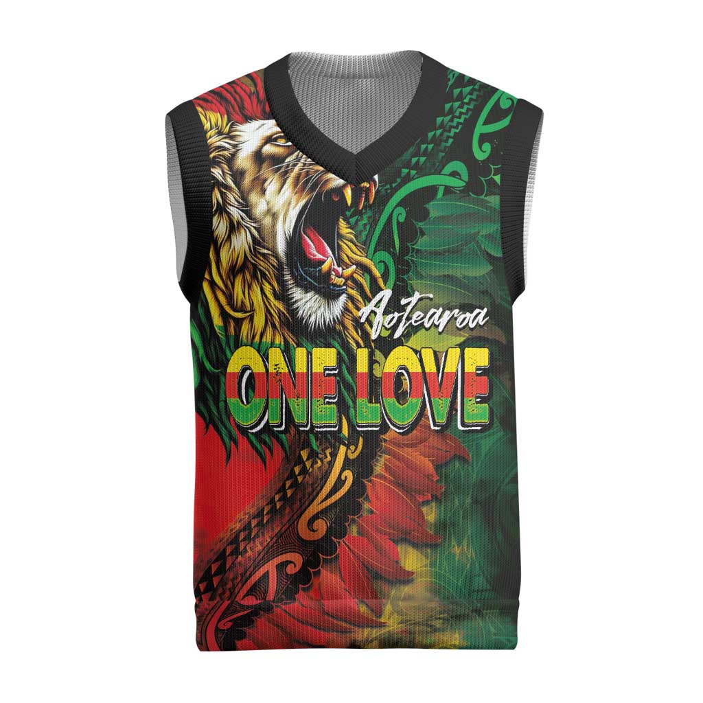 Aotearoa One Love Christmas Knitted V-Neck Vest Reggae Lion with Kakahu Huruhuru LT03 Black - Polynesian Pride