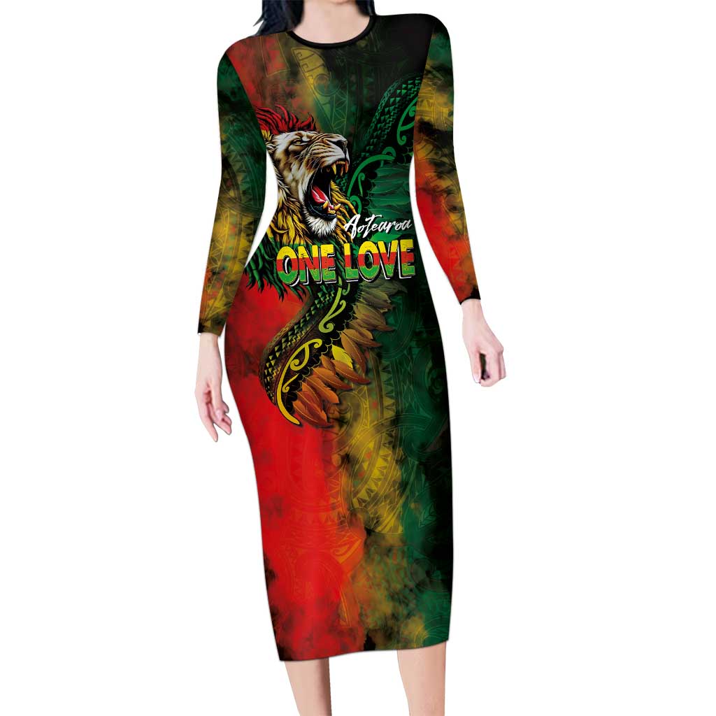 Aotearoa One Love Long Sleeve Bodycon Dress Reggae Lion with Kakahu Huruhuru