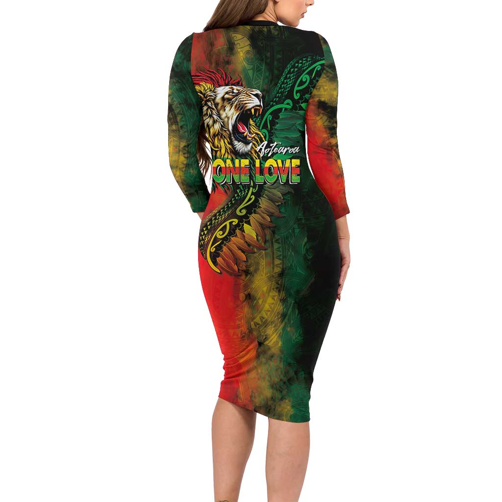 Aotearoa One Love Long Sleeve Bodycon Dress Reggae Lion with Kakahu Huruhuru
