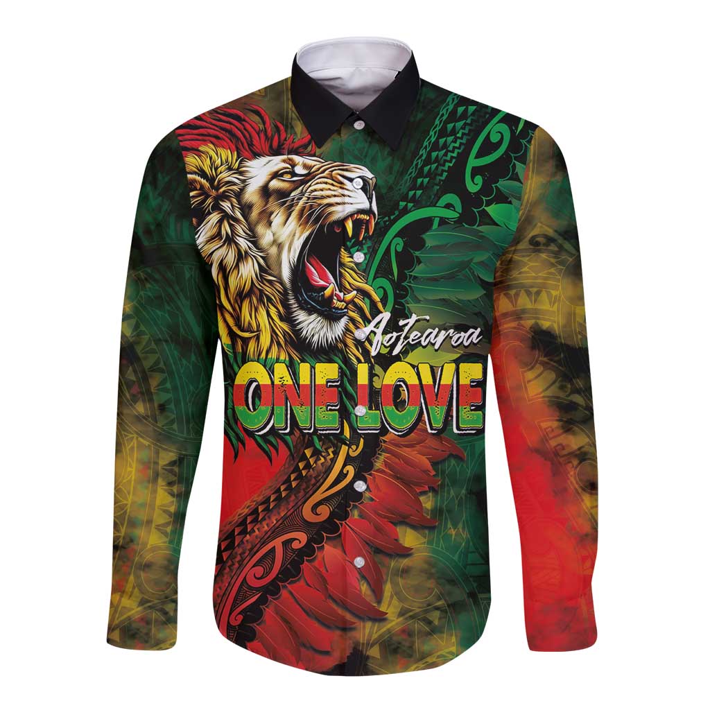 Aotearoa One Love Long Sleeve Button Shirt Reggae Lion with Kakahu Huruhuru LT03 Unisex Black - Polynesian Pride