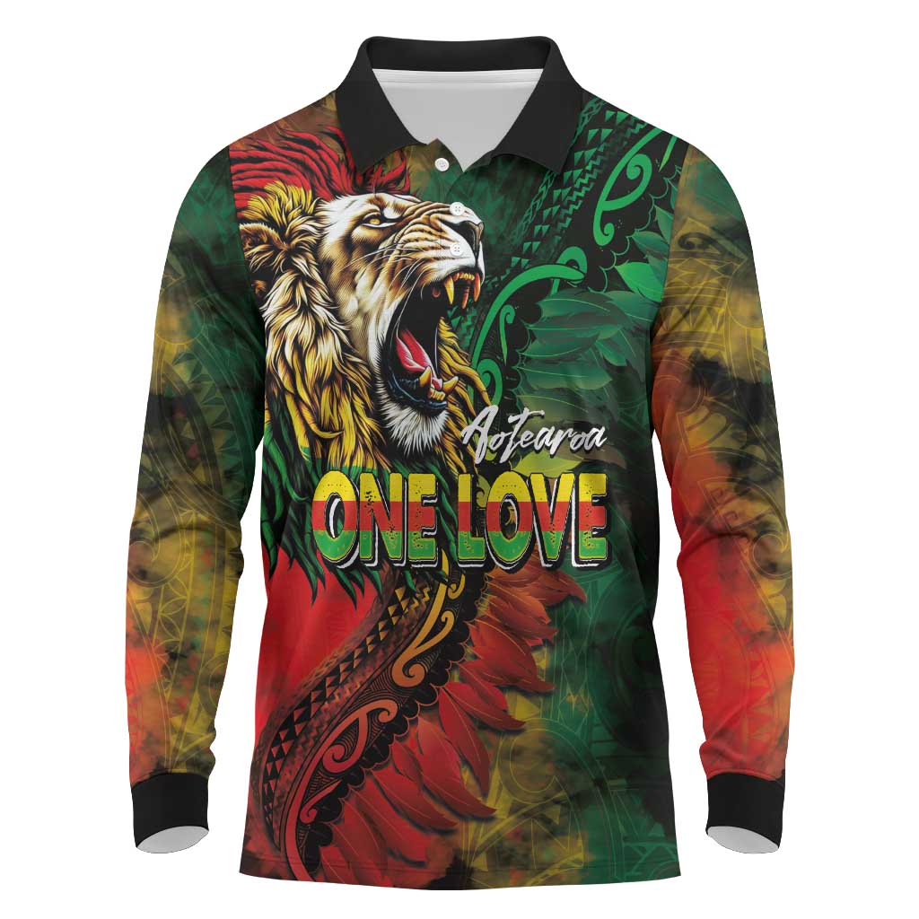 Aotearoa One Love Long Sleeve Polo Shirt Reggae Lion with Kakahu Huruhuru LT03 Black - Polynesian Pride
