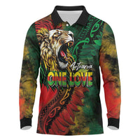 Aotearoa One Love Long Sleeve Polo Shirt Reggae Lion with Kakahu Huruhuru LT03 Black - Polynesian Pride