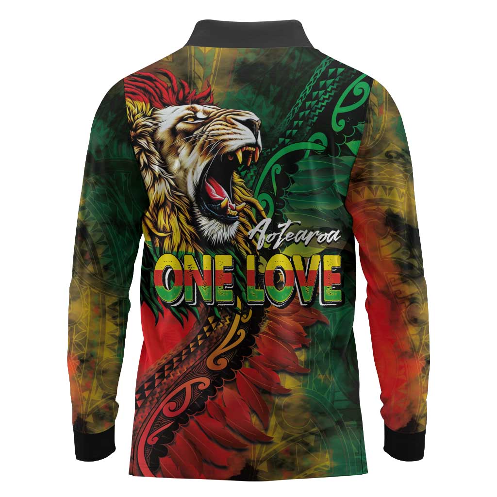 Aotearoa One Love Long Sleeve Polo Shirt Reggae Lion with Kakahu Huruhuru LT03 - Polynesian Pride
