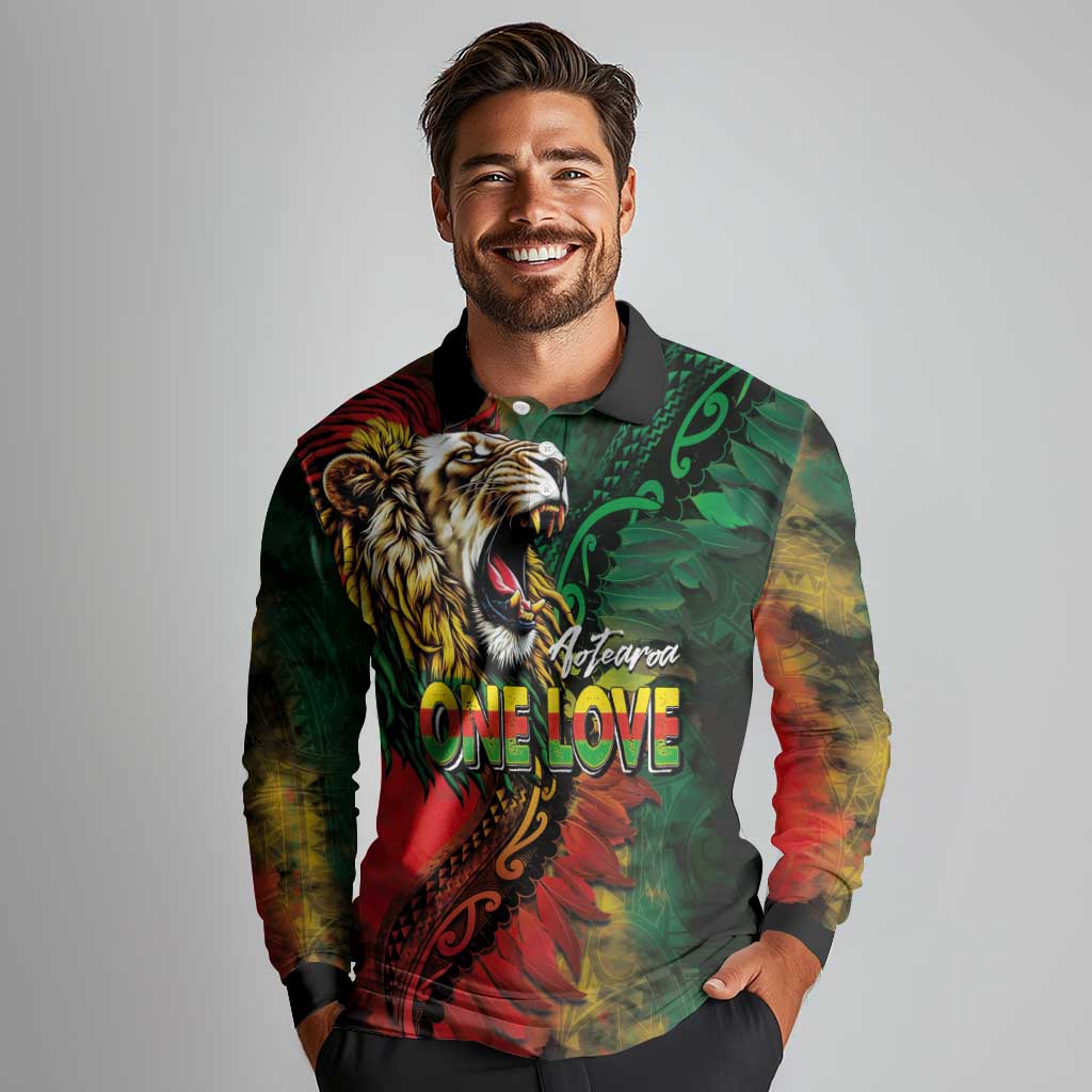 Aotearoa One Love Long Sleeve Polo Shirt Reggae Lion with Kakahu Huruhuru LT03 - Polynesian Pride