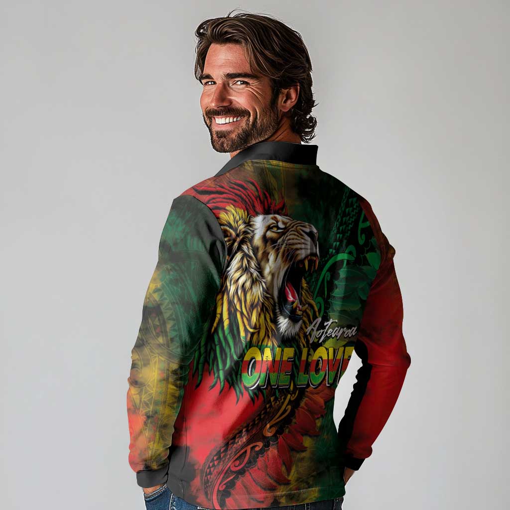 Aotearoa One Love Long Sleeve Polo Shirt Reggae Lion with Kakahu Huruhuru LT03 - Polynesian Pride