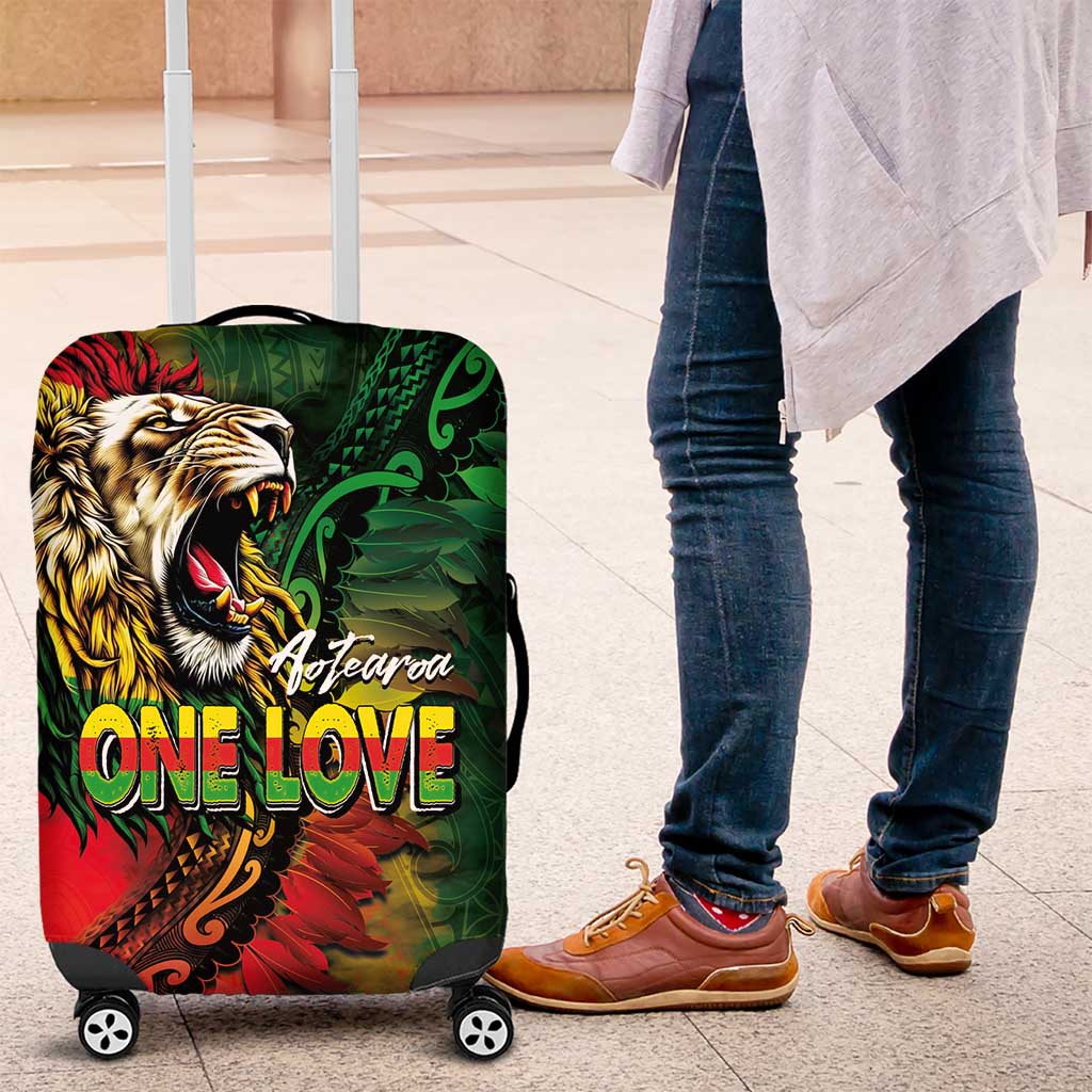 Aotearoa One Love Luggage Cover Reggae Lion with Kakahu Huruhuru LT03 Black - Polynesian Pride