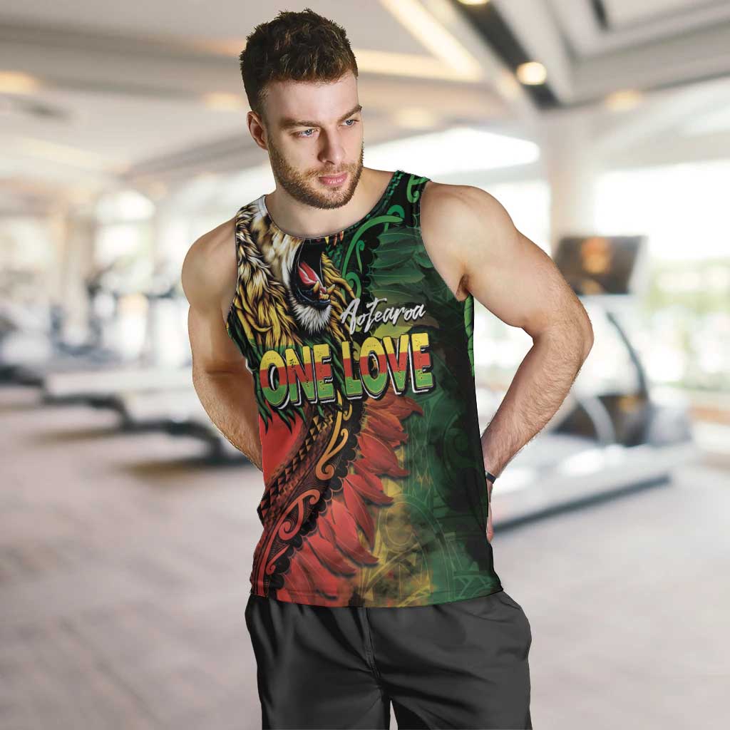 Aotearoa One Love Men Tank Top Reggae Lion with Kakahu Huruhuru LT03 Black - Polynesian Pride