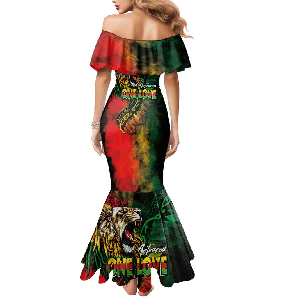 Aotearoa One Love Mermaid Dress Reggae Lion with Kakahu Huruhuru LT03 - Polynesian Pride