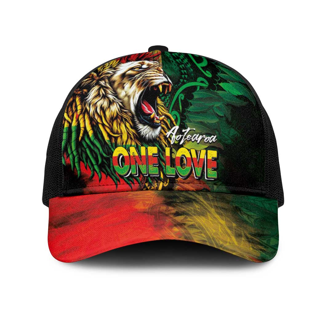Aotearoa One Love Mesh Trucker Cap Reggae Lion with Kakahu Huruhuru LT03 One Size Black Black - Polynesian Pride