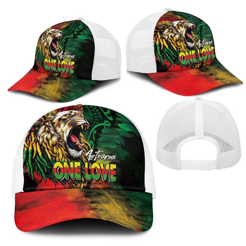 Aotearoa One Love Mesh Trucker Cap Reggae Lion with Kakahu Huruhuru LT03 - Polynesian Pride