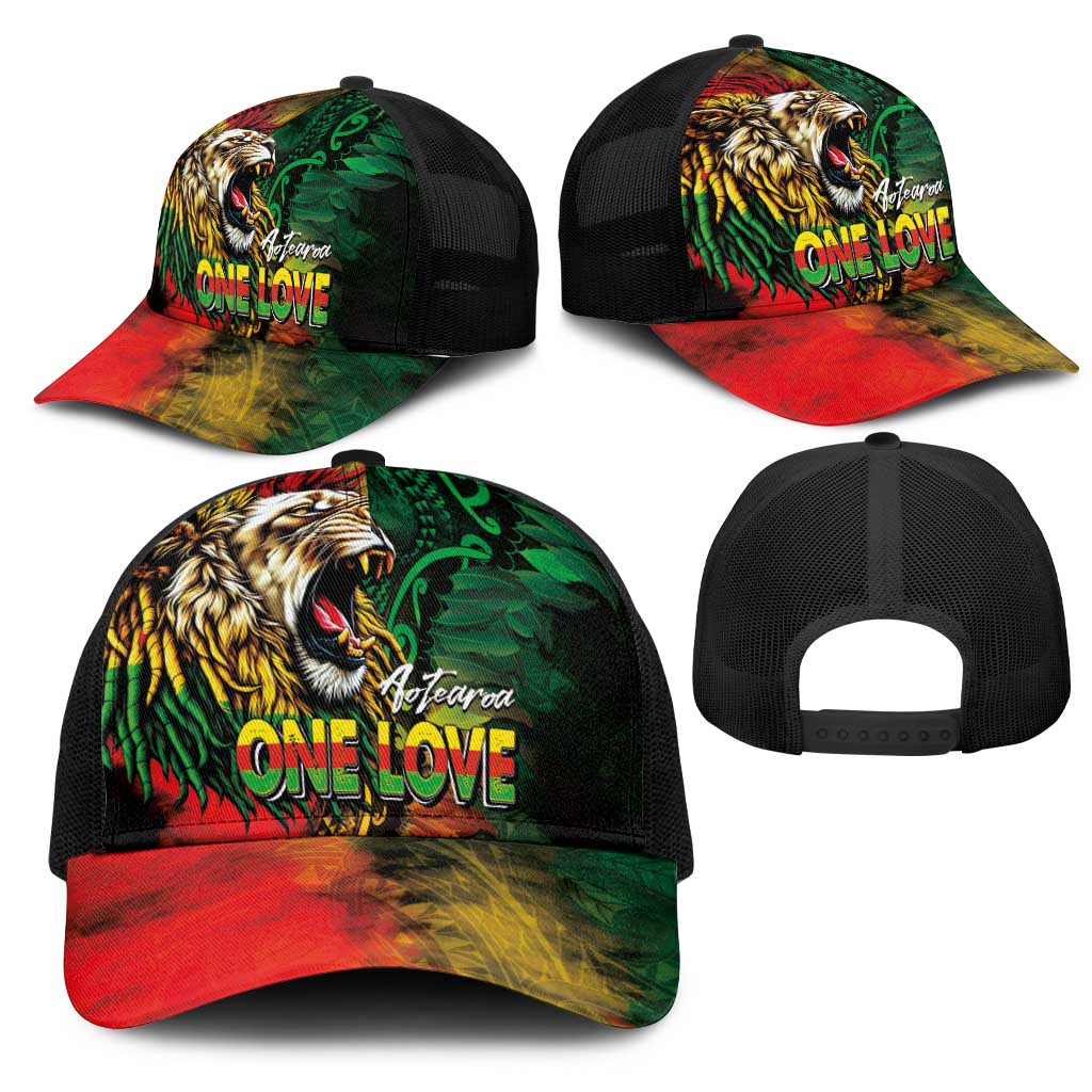Aotearoa One Love Mesh Trucker Cap Reggae Lion with Kakahu Huruhuru LT03 - Polynesian Pride